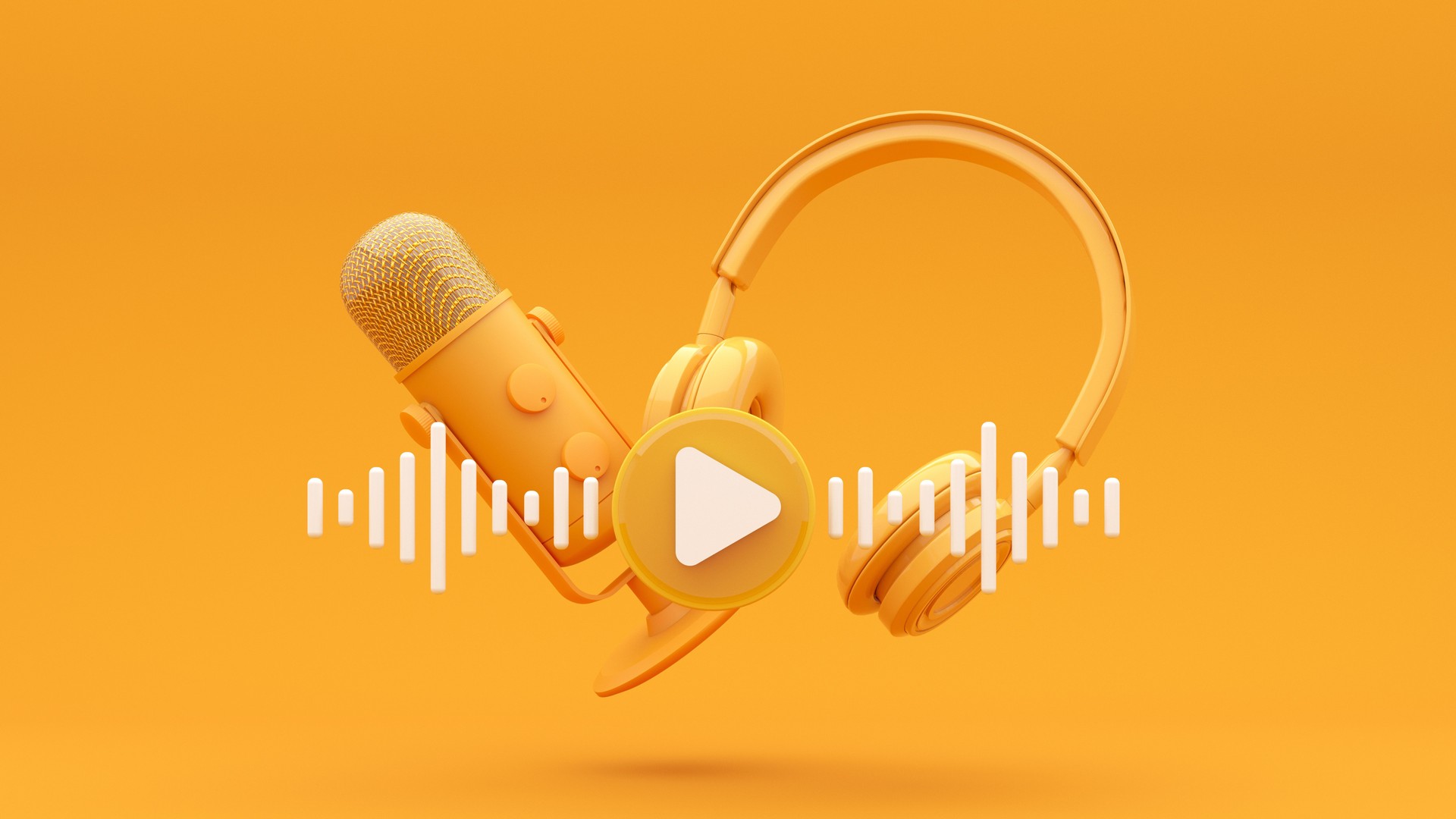 Microphone with flying notes and headphones - 3d render. Concept for online music, radio, listening to podcasts, books at full volume.
